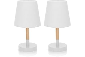 Aigostar 2 Piezas Lámpara de Mesa, Lámpara de Mesita de Noche Pequeña de Madera Moderna, lámpara de Noche con Tulipa de Tela Blanca y Base de Metal, Portalámparas E14, Decorativa y Vintage