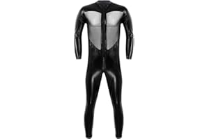 TiaoBug Herren Wetlook Body Sexy Dessous Jumpsuit Overall Einteiler Unterwäsche Tank Top und Lack Leder Hose Leggings Clubwear