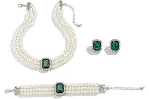 Gkaopi Women's Pearl Jewellery Set 3 PCS Pearl Necklace Earrings Bracelet Set Vintage Multilayer Pearl Crystal Necklace Bracelet Jewellery Gift for Valentines Birthday Mothers Day Party Weddings