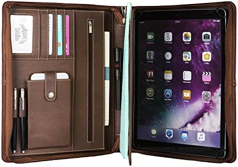 Reenice Leather Portfolio Professional Padfolio Zippered Briefcase with Handle, Multi-function Office Organizer Interview Document Holder Business Folder Brown for iPad Pro 10.5 inch
