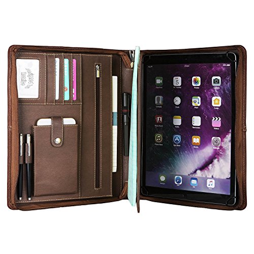 Reenice Leather Portfolio Professional Padfolio Zippered Briefcase with Handle, Multi-function Office Organizer Interview Document Holder Business Folder Brown for iPad Pro 10.5 inch