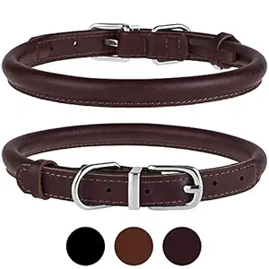 BRONZEDOG Rolled Leather Dog Collar Durable Metal Buckle Round Pet Collars for Small Medium Large Dogs Puppy Black Brown (Neck Size 8