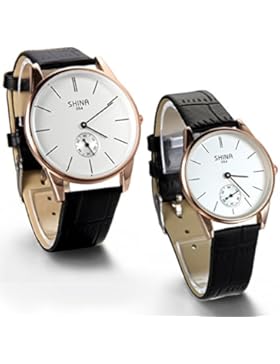 JewelryWe 2pcs Herren Damen Armbanduhr, Analog Quarz, Klassiker Business Casual Schwarz Leder Armband Uhr mit...