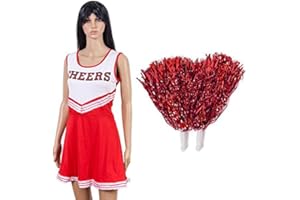 BFD ONE Large RED College Sports Cheerleader HIGH School Girl Musical Uniform Fancy Dress Costume Outfit with POM POMS Many Sizes and Colours Available (Large, Red)