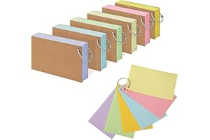 LAWALEISHE 6 Pack 300PCS Flash Cards,A7(12.7x7.6cm) Ruled Index Cards Revision Card with 6 Binder Rings,Kraft Paper Notecards Lined Index Card,for Study Office NotePads School Learning Memo