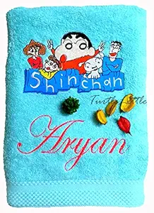 TurtleLittle, Cotton, Shin Chan with Family Personalised Kids Bath Towel, 500 GSM (120 x 60 cm, Blue)