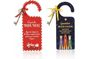 SUPERMOLON Llave Mágica con Colgador de Puerta en Madera, Señal Puerta de Madera Regalo Original Llave Regalo para Navidad Adorno Niños Regalar Navidad Decoración Original (Papa Noel + Reyes Magos)