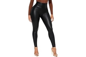 HAWILAND Women Black Faux Leather Leggings Stretchy High Waisted Tummy Control Wet Look Leather Trousers Slim Fit Pants for Women