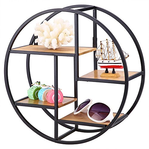 Zerone Etagère de Rangement Murale Ronde en Métal, Etagère Flottante Ronde Rétro en Bois et Fer Tablette de Partition Etagère Murale avec 4 Casiers pour Salon Chambre Bureau, 37cm x 37cm x 14cm
