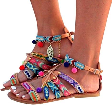 Bringbring Women Bohemia Sandals Gladiator Leather Sandals Flats Shoes Pom-Pom Sandals
