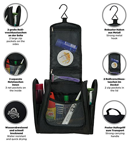 Kulturbeutel, Kulturtasche, Kosmetiktasche für Herren, Damen und Kinder zum Aufhängen. Waschtasche groß in XL für die Reise, blau und schwarz - 2