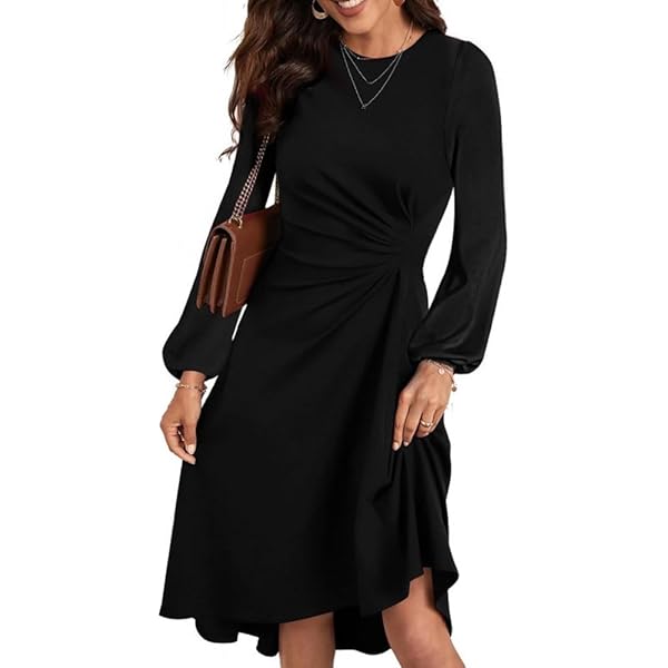 Noir FEMME Robe Midi Fleurie à à Col Carré Et Manches Demi-longues