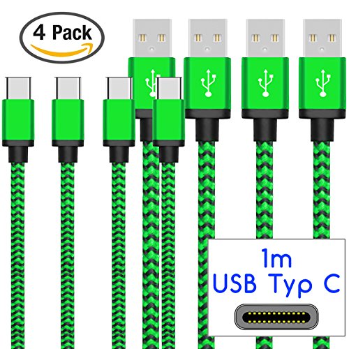 Original COVERLOUNGE - Nylon USB Typ C Kabel [4-Pack] / Datenkabel / Ladekabel [2.1 A] für alle Samsung Smartphones mit USB Typ C Anschluss | Farbe: grün | Länge: 1 Meter / 1m