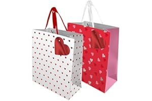 SJ TRADERS Valentines Day Heart Gift Bags, Paper Party Sweet Bags with Heart Tag and Ribbon Handles, Kraft Paper Gift Bags for Presents, Treat Bags for Birthday Party Favours - 21 x 10 x 25cm (Medium (2 Pack))