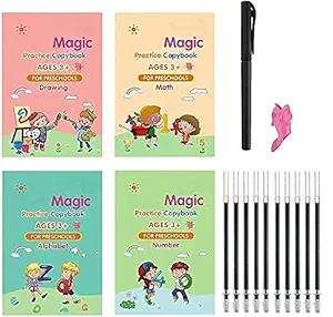 WIDEWINGS Sank Magic Practice Copybook, Number Tracing Book for Preschoolers with Pen, Magic Calligraphy Copybook Set Practical Reusable Writing Tool Simple Hand Lettering (4 BOOKS + 10 REFILL)