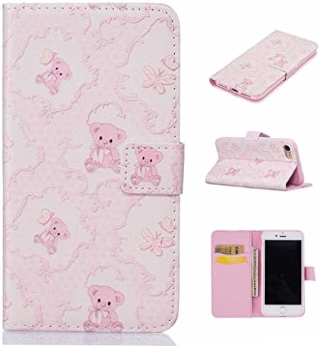 iGrelem® iPhone 7 Case [with Free Tempered Glass Screen Protector], PU Leather Flip Protective Cover Case for Apple iPhone 7 4.7 Inch, Flowers, Butterfly, Deer, Bear Feather Colorful Pattern Design Wallet Case for iPhone7 (Bear, Pink)