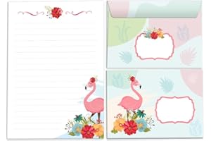 JUNAPACK Lot de papier à lettre pour fille - Motif flamant rose - Bloc de papier à lettre avec enveloppe pour enfants - Bloc A5 de 25 feuilles + 15 enveloppes