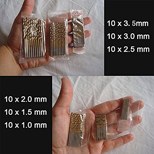 JTENG 60 Stk. Micro Bohrer Set 1/1,5/2/2,5/3/3,5mm Titanium HSS High Speed Metallbohrer Spiralbohrer Bohrersets Profi Drill Bit (10Stk.*6 Pack) - 5