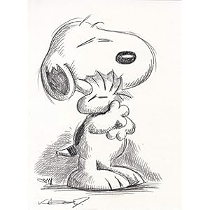 Original Kreidezeichnung auf Zeichenkarton: Peanuts Snoopy & Woodstock / 24x32 cm
