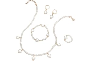 MUNSKT 5 PCS Girls Jewellery Set Pretty Pearl Earrings Rings Bracelet Necklace for Girl Childrens Jewelry for Girls Children's Jewellery Gift for Little Girl