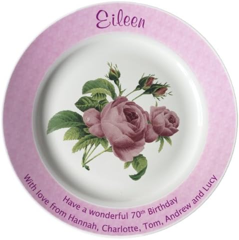 Personalised 70th Birthday Plate - Pink Rose Design with a Pink Rim