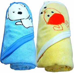 BRANDONN Baby Boys And Girls Terry Cotton Bath Towel (Blue And Mango, 0-2 Years) - Pack of 2