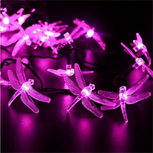Dragonfly Solar String Lights Outdoor, DINOWIN 20ft 30 LED Waterproof Fairy Lights Decorative Lighting for Indoor/Outdoor Home Garden Lawn Fence Patio Party and Holiday Decorations (Pink)