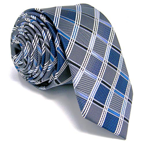 Shlax&Wing Skinny Ties For Men Blue Checkered Checks Silk Neckties Suit