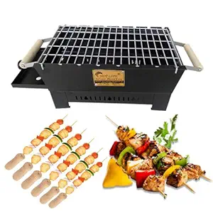 HOT LIFE Charcoal Barbeque Grill Anegthi with 8 Wooden Handle Skewers (Black)