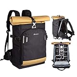 【Große Kapazität】Mit ca. 19 Litern Fassungsvermögen können 2 Kameras und bis zu 9 Linsen sicher verstaut und transportiert werden. Dank faltbarem und aufrollbarem Oberteil bietet der Fotorucksack zusätzlichen Stauraum für Kleider und weitere Reiseausrüstung.