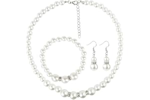 JERBRO Ensemble de bijoux en perles artificielles, collier, bracelet et boucles d'oreilles, pour femme, conviennent au mariage, à la fête, comme cadeau, blanches