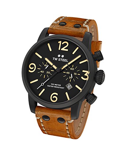 TW Steel Maverick Unisex Quartz Watch with Black Dial Chronograph Display and Brown Leather Strap MS33
