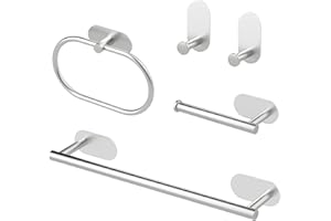 Enloffi 5 PCS Juego de Toallero de Baño Accesorios Baño Set Acero Inoxidable Toallero Barra Toalleros De Aro Portarrollos De Papel Higiénico Gancho para Bata Juego de Accesorios de baño, Plata
