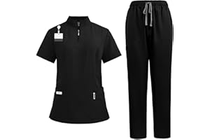 Meichoon Set de uniformes médicos para mujer con cuello en V y cremallera, cuatro bolsillos, pantalón de yoga elastizado, uniforme de trabajo para atención médica, salón de belleza DK50