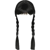 Perruque Mercredi Addams Avec Frange & Longues Tresses Noires | Cosplay Halloween Mardi Gras | Fibre Résistante à La Chaleur