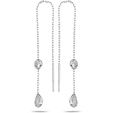 NEREZE 925 Sterling Silver Rhodium Plated Zircon Stone Drop Chain Earrings