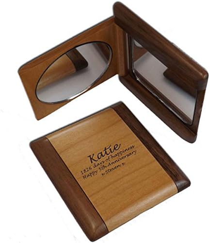 Personalised wooden compact mirror in Walnut &amp; Maple great gift for 5th Anniversaries, Mothers Day, weddings and Birthdays