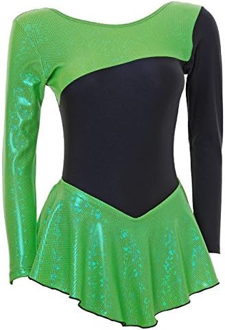 Wholesale Dance Long Sleeve Ice/Skating/Majorette Dress Shiny Flo Green Hologram and Black Lycra (#S094c)