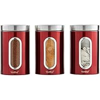 VonShef Set de 3 Botes Tarros Rojos para Té, Café, y Azúcar con Ventana – Acero Inoxidable