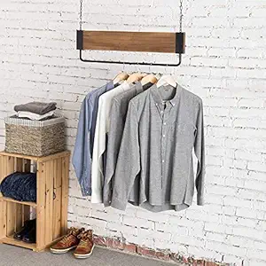 INDIAN DECOR 88344 Classic Industrial Black Metal & MDF Wood Garment Rod with Hanging Chain