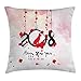 Produktbild Year of The Dog Throw Pillow Cushion Cover, Brush Calligraphy New Year with Cherry Blossom Silhouettes, Decorative Square Accent Pillow Case, 18 X 18 inches, Vermilion Black Pale Pink