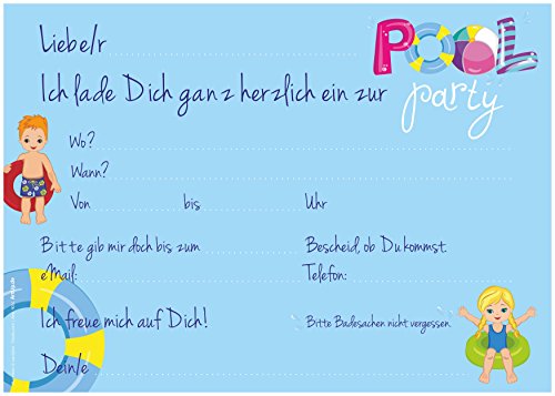 12 Einladungskarten „Schwimmbad Pool-Party“ Kindergeburtstag Hallenbad Spassbad Freibad | Geburtstagseinladungen Einladungen Geburtstag Kinder Jungen Mädchen Einladungstext Vorlagen Karten Set - 2