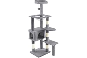 VOUNOT® Árbol Rascador para Gatos, Poste Rascador Estable para Gatos con Nido, Plataformas, Cápsula Espacial y Bola para Gatos, 138cm, Gris