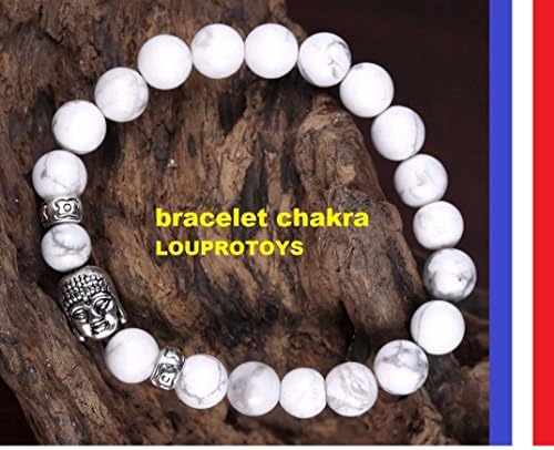 Tibetan Chakra Energy Bracelet with Natural White Turquoise Beads and Silver-Coloured Buddha Head for Men, Women and Teenagers, Size 19 cm