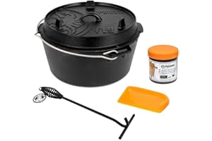 ‎PETROMAX Petromax Feuertopf ft9-t Einsteiger-Set - Dutch Oven mit Standfüßen inklusive Deckelheber, Pflegepaste und Schaber - für alle Grillarten und offenes Feuer - 7,5 Liter