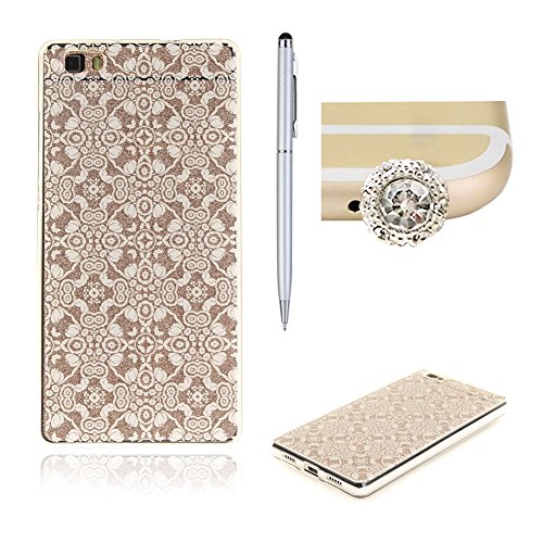 Huawei P8 Lite 2016 5.0 Zoll Hülle Silikon Weiß Spitze Durchsichtig mit Muster,SKYXD Biegsam Klar Weich Dünn Kratzfeste Gummi Handy Schutz Schale mit [Handyanhänger + Eingabestifte] Etui Fall für Huawei P8 Lite 2016 5.0 Zoll Transparent Premium Case Flexible Clear Soft Slim Backcover Skin with Touch Pen Dust Plug
