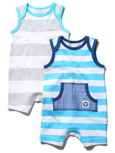 M&Co Baby Boys Sleeveless Stripe Pattern Cotton Rich Summer Rompers - 2 Pack Turquoise 3/6 Mnths