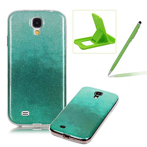 Samsung Galaxy S4 Anti-Scratch Silicone Rubber Case,Samsung Galaxy S4 Perfect-Fit Soft Gel Bumper Case Cover,Herzzer Luxury Elegant [Gradient Color Starlight] Rainbow Bling Glitter Lightweight Jelly Flexible Gel Shell Protective Skin Back Cover for Samsung Galaxy S4 + 1 x Green Cellphone Kickstand + 1 x Green Stylus Pen - Cyan