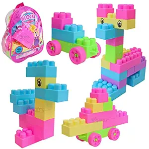 Toyshine 46 pcs Building Block Toys with Wheels for Kids, Bag Packing, Best Gift Toy for Kids- Pastel Color