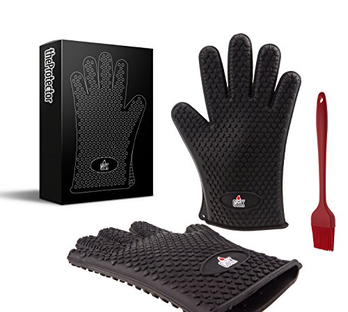 TheCook Silikon- Grillhandschuhe schwarz TheProtector, schützen die ganze Hand, bis +230 °C, 1 Paar Ofenhandschuhe, Silikon-Backpinsel und Metallhaken gratis, in eleganter Geschenkbox